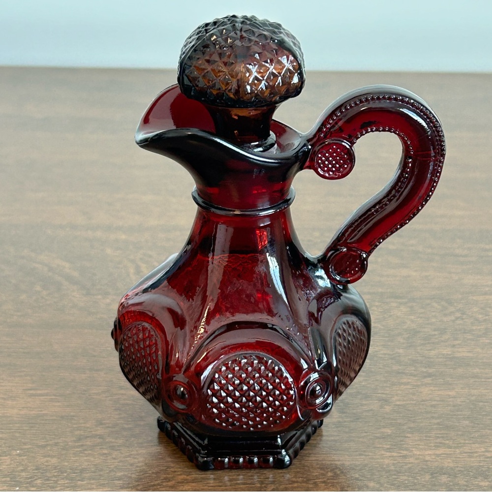 AVON 1876 CAPE COD COLLECTION RUBY RED GLASS CRUET WITH STOPPER